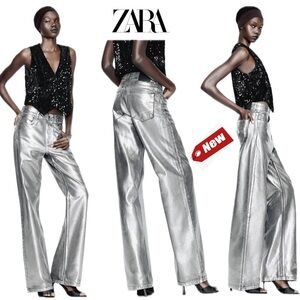 Zara metallic silver foil mid rise straight leg denim jeans Sz 2 NWT